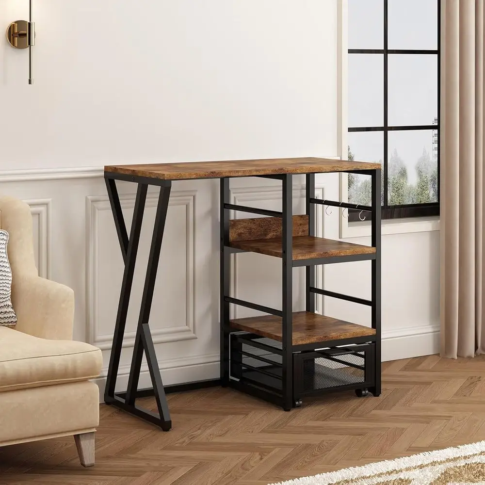 Multi-functional Kitchen Storage System with Rolling Basket, Coffee Bar, Mini Fridge, and Microwave Stand