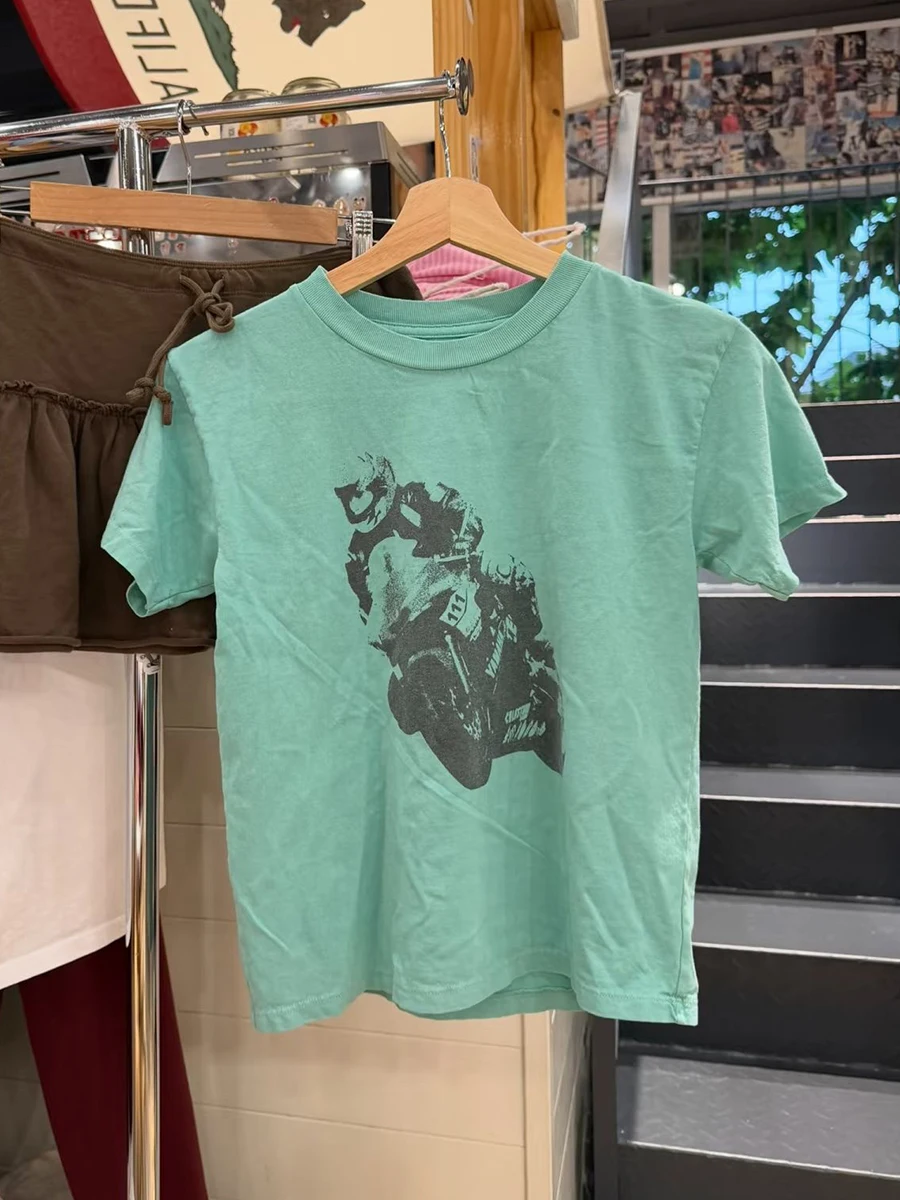 Motorcycle Print Teal Crop Top Woman Summer O-neck Short Sleeve Cotton Tee Shirts American Vintage Streetwear Short Tshirts New