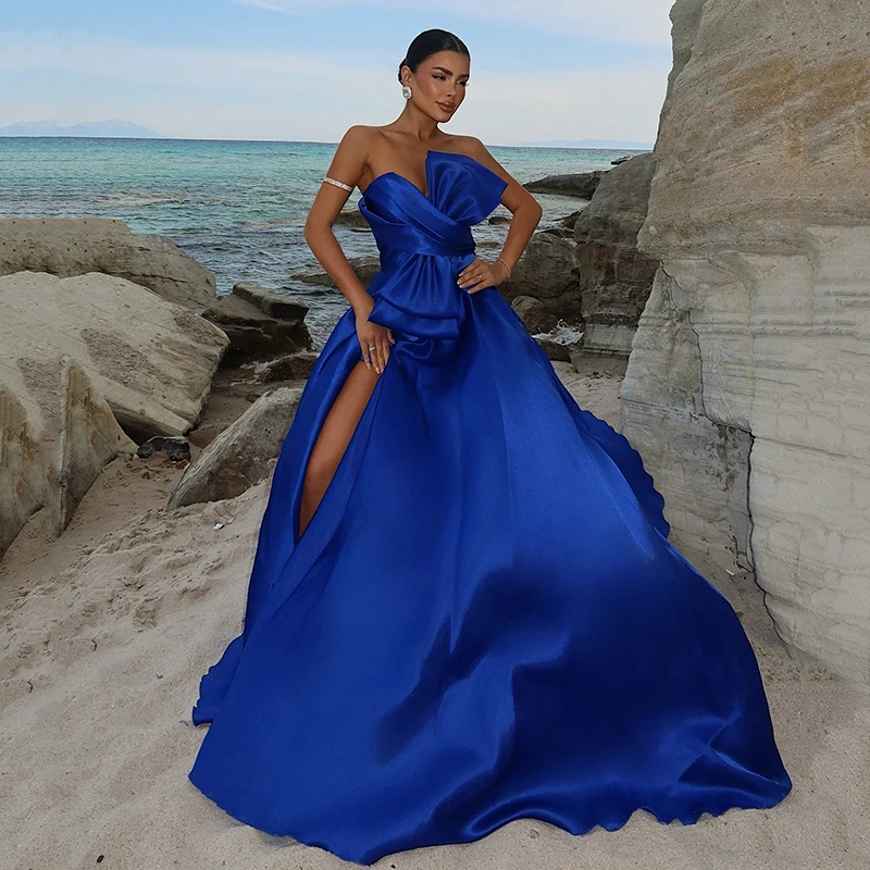 

Thinyfull Women A-Line Prom Evening Dresses Saudi Arabia Strapless Split Party Dress Floor Length Cocktail Prom Gowns Customized