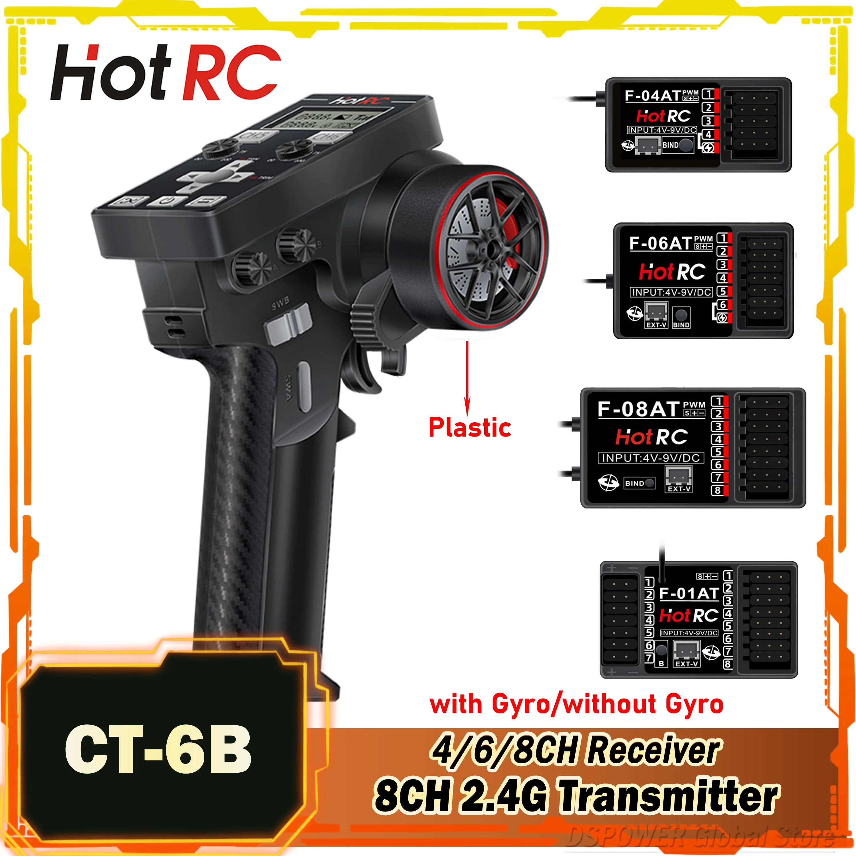 

HOTRC 8CH 2.4G Transmitter CT-6B LCD Remote Control F-04T F-06AT F-08AT F-01AT Gyro Receiver for RC Model Car Boat Tank Toy Part