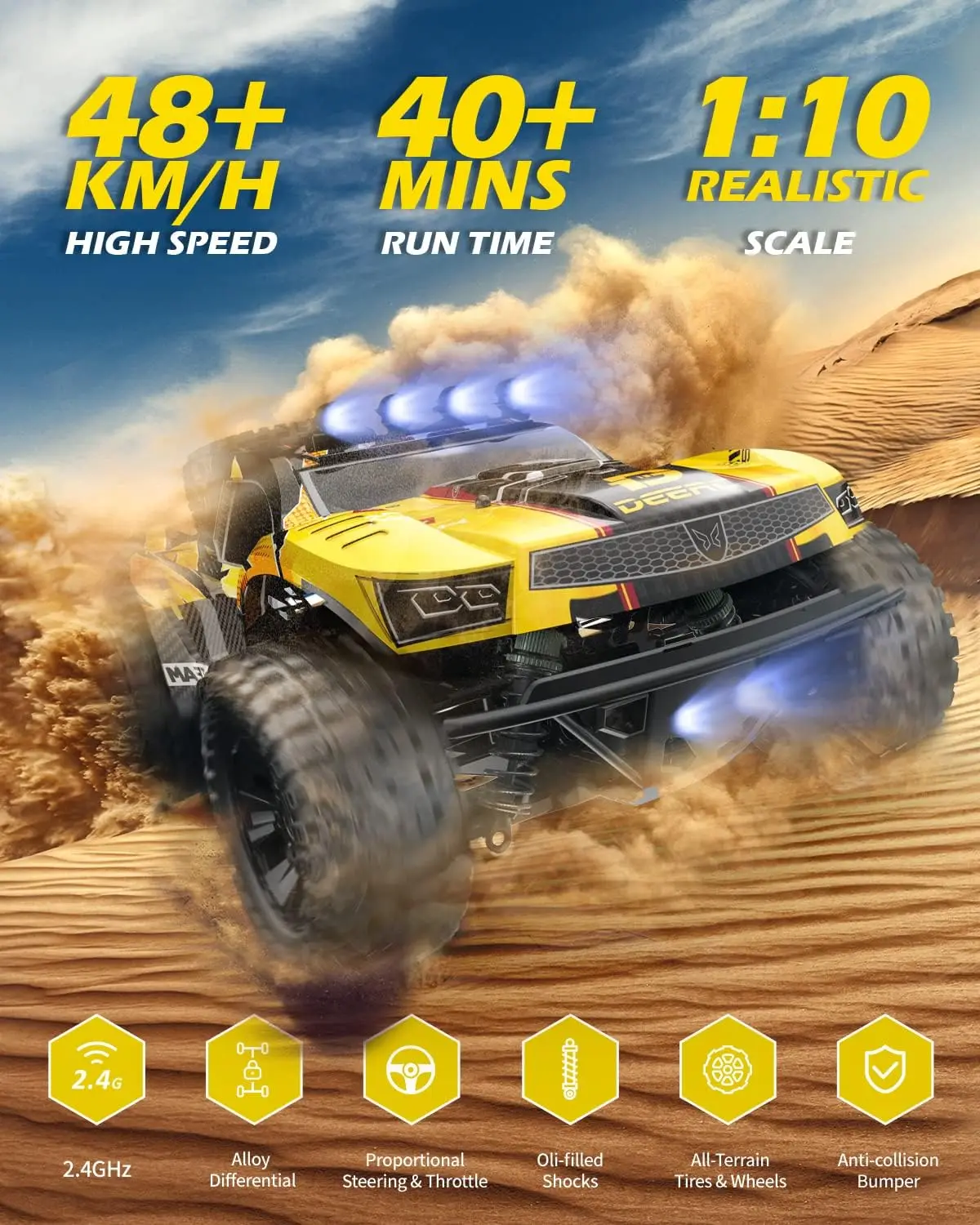 Large Remote Control Truck with Lights, Fast Short Course RC Car, 48 km/h 4x4 Off-Road Hobby Grade Toy Monster Crawler Electric