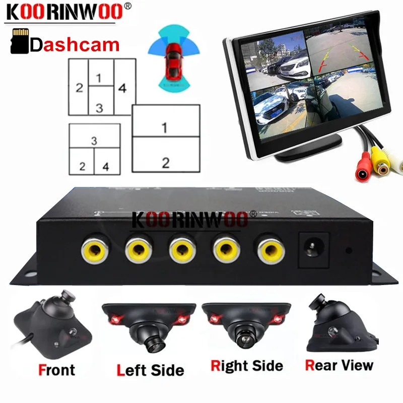 

Koorinwoo HD 5-дюймовый монитор Sucker 360 Round View 4-сторонний разделенный видеорегистратор Видеокамера с черной коробкой Камера переднего вида для навигации