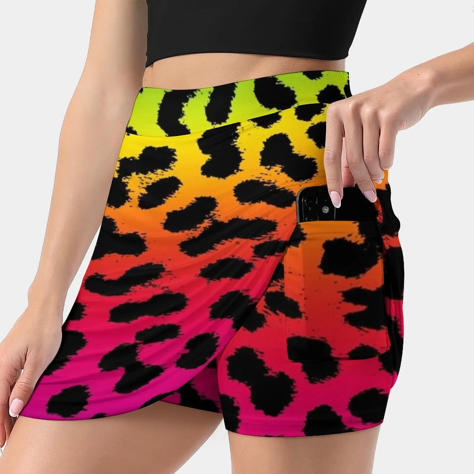 Colorful Animal Pattern Rainbow Leopard Pattern Cheetah Women's skirt Sport Skort Skirt With Pocket Fashion Korean Style Skirt