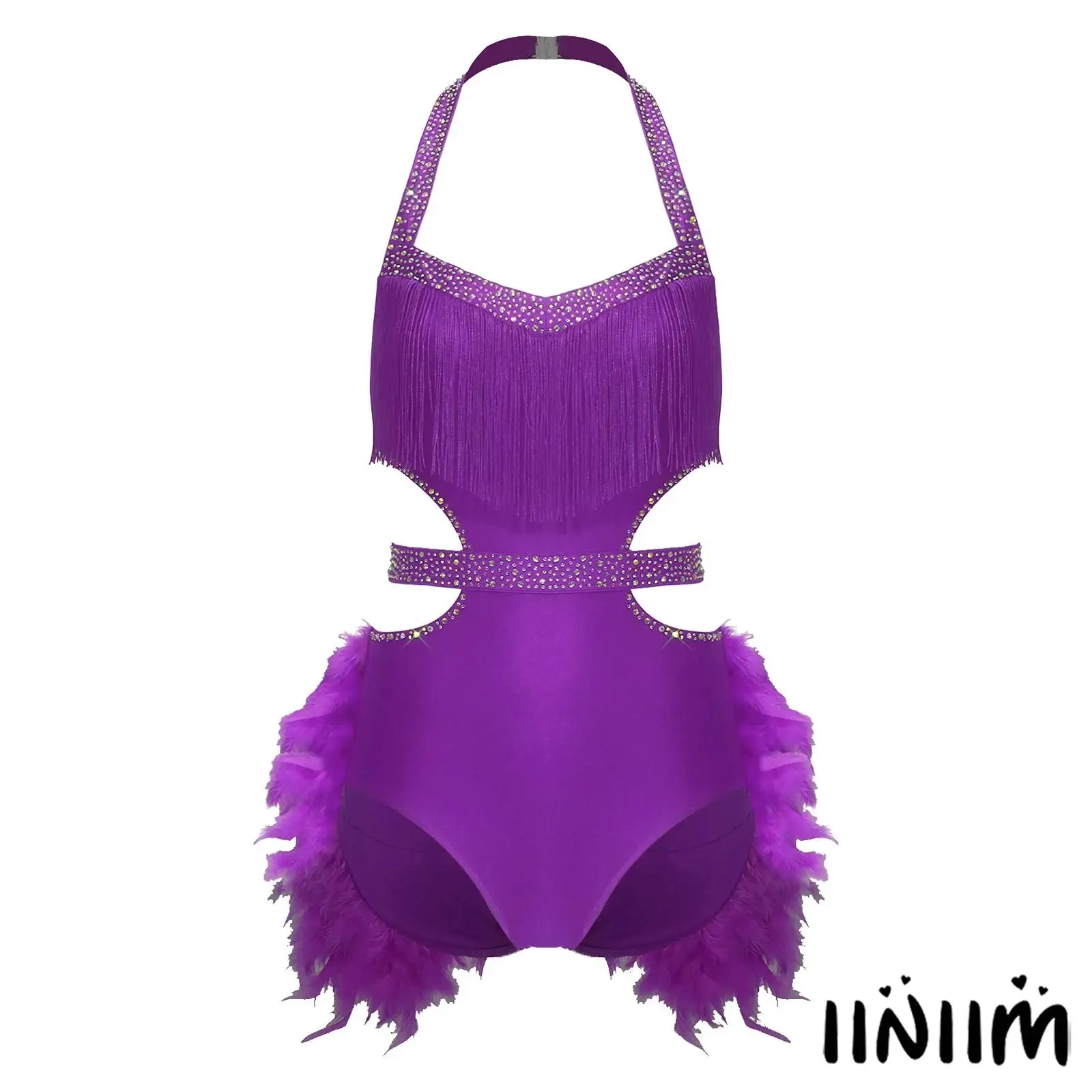 Womens Jazz Samba Latin Leotard Faux Feather Accents Halter Backless Sleeveless Spanish Tango Dance Bodysuit Jumpsuit Dancewear