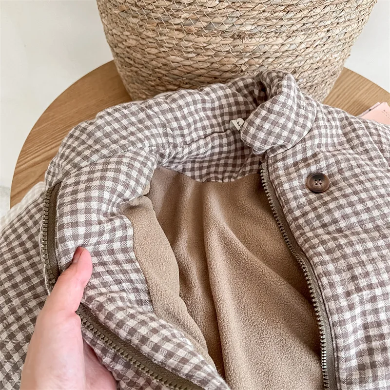 2026 New Winter Toddlers Kids Plaid Thicken Coats Korean Style Fleece Lining Children Warm Outerwear