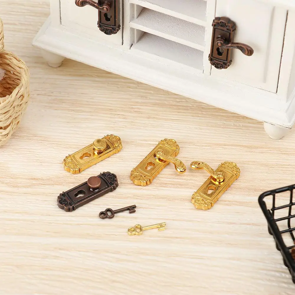 

House Retro Style Metal Toy Miniature Door Handles Dollhouse Lock Key Set Mini Furniture Pull Brass Knobs DIY Accessories