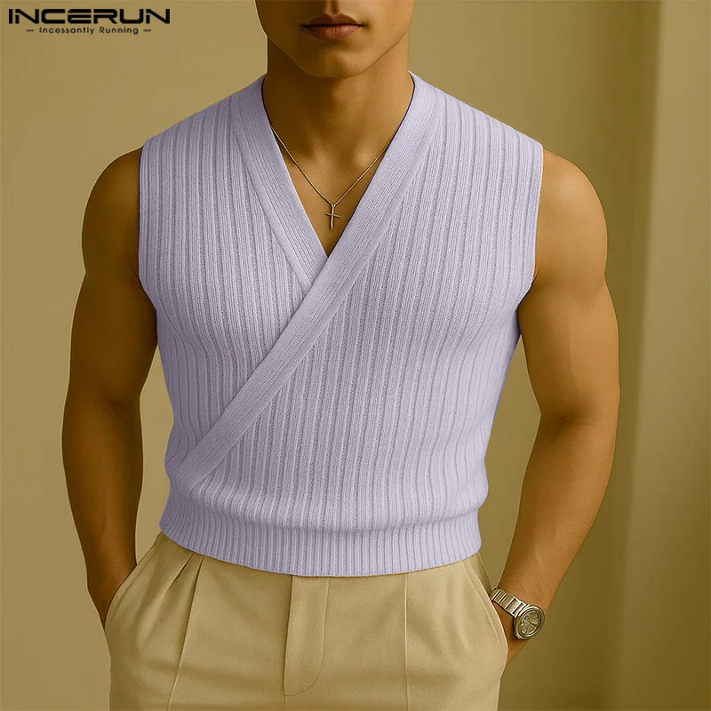 

INCERUN Men Tank Tops Solid Color V Neck Sleeveless Knitted Casual Male Vests Skinny Summer 2025 Fashion Men Clothing Streetwear