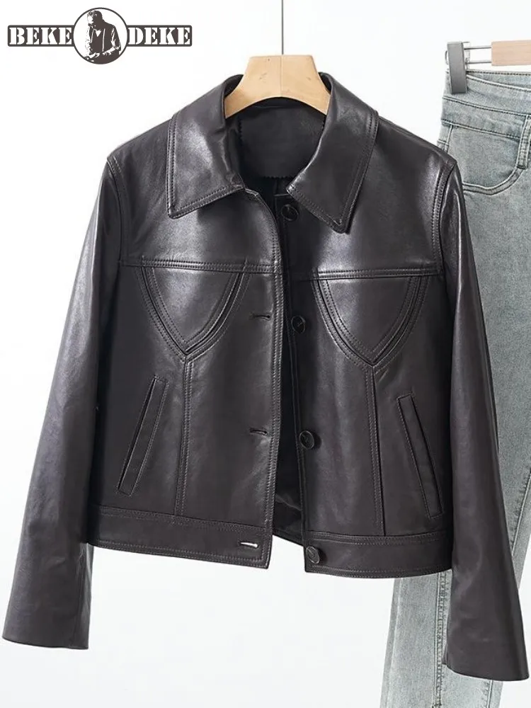 Office Women Single Breasted Lapel Pocket Genuine Leather Bomber Jacket Fashion Long Sleeves Sheepskin Solid Color Handmade Coat
