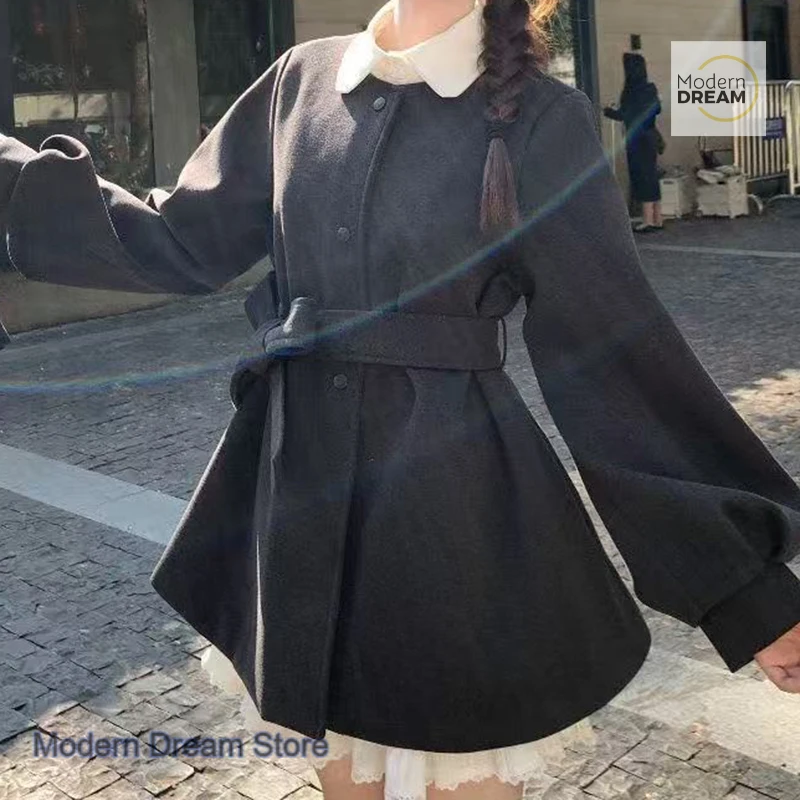 

Korean style fashion lantern sleeves round neck trench coat woolen coat women's winter temperament waist lace-up long coat
