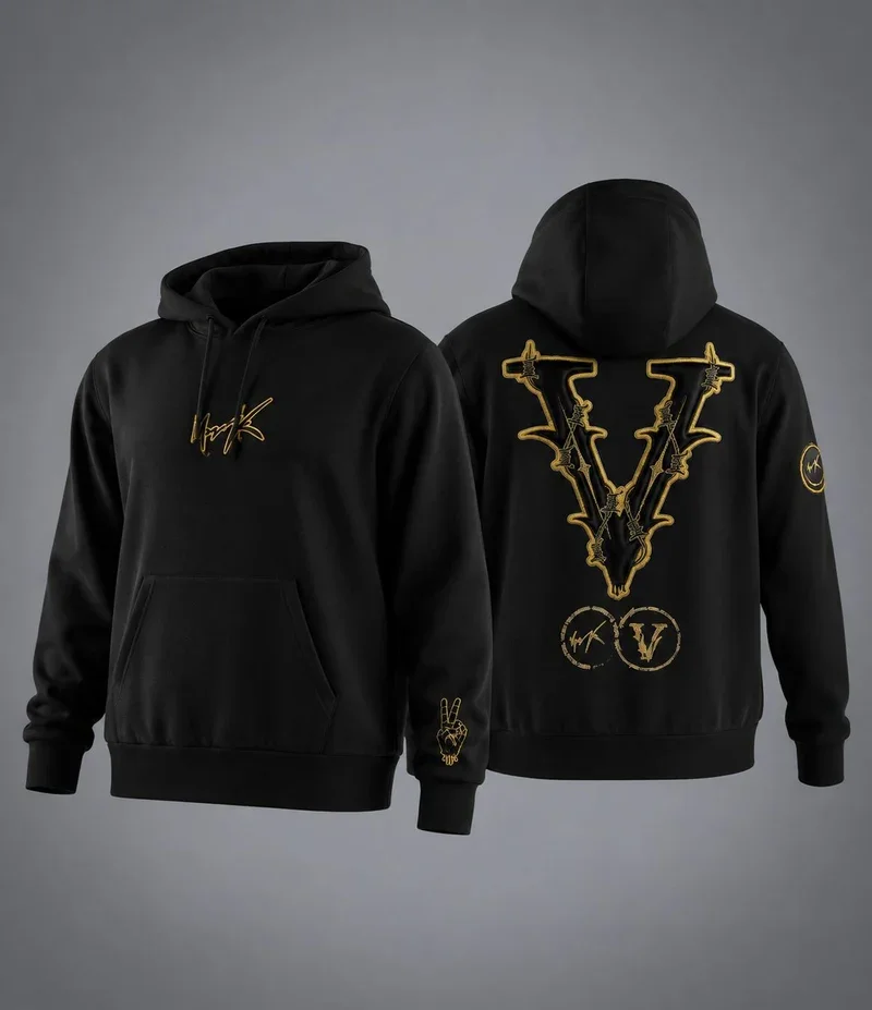 VRUNK Black Gold Big V Hoodie, Thorn Letter Print Pullover Sweatshirt, Loose Casual Long Sleeve Top Customizable