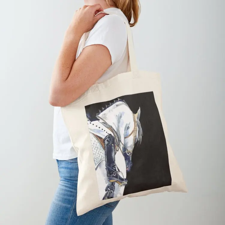 

Dressage sport horse with rider. Watercolor horse illustration. Tote Bag Lady bags Women's bags