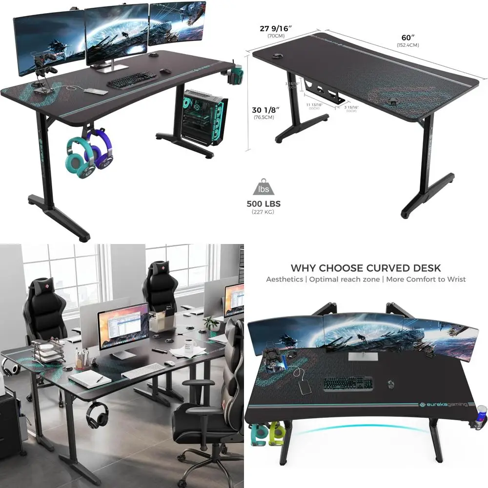 

60 Inch Ergonomic Gaming Desk with Full Mouse Pad, Curved Computer Desk for 3 Monitors and Cup Holder