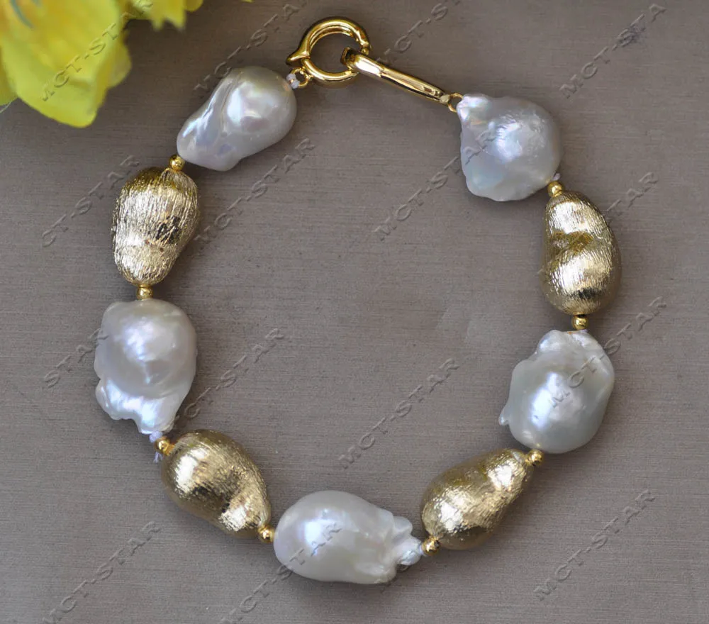 Z13124 Set 24mm White Baroque Keshi Reborn Pearl Gold-Plated Peasecod Necklace Bracelet Earring