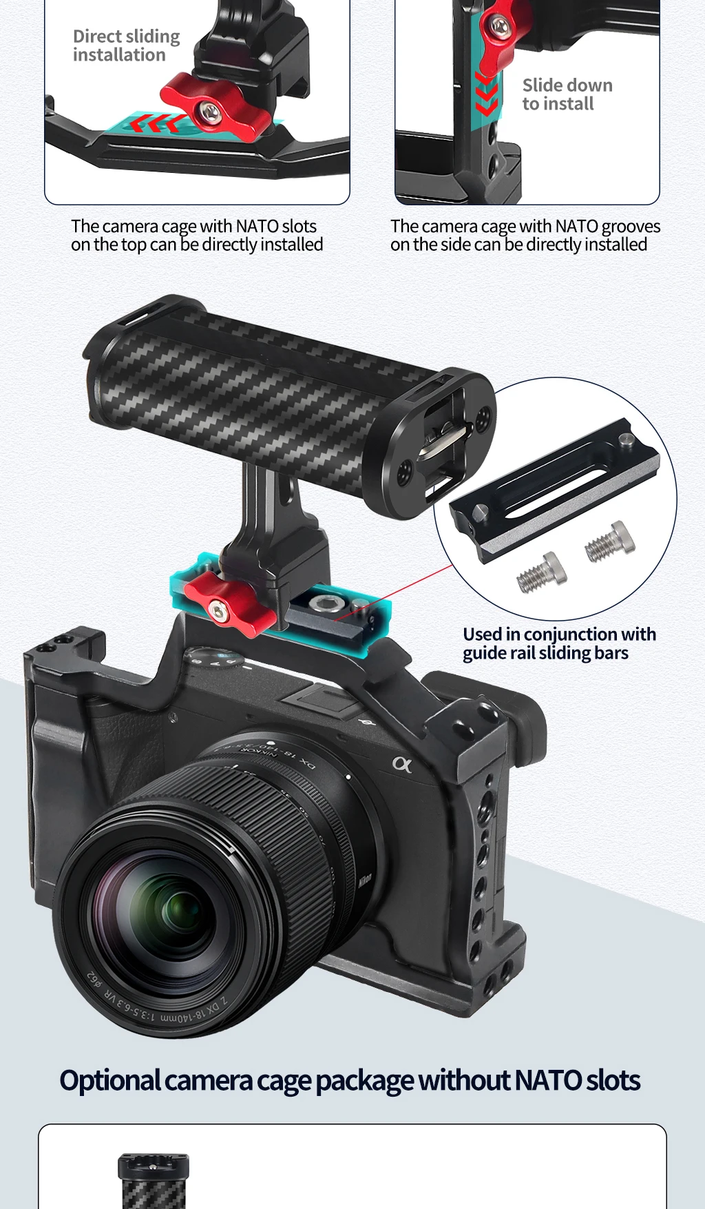 Leichte NATO-Schienenklemme, seitlicher Griff oben, Schnellverschluss-Aluminiumlegierung für Sony Canon Nikon DSLR-Videokamera-Käfig-Rigs – Detail 3