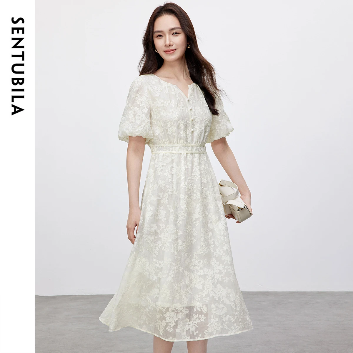 

SENTUBILA Midi Womens Dresses 2025 Spring Summer Elastic Waist Puff Sleeve O Neck Pearl Elegant Holiday Dresses 152L59158