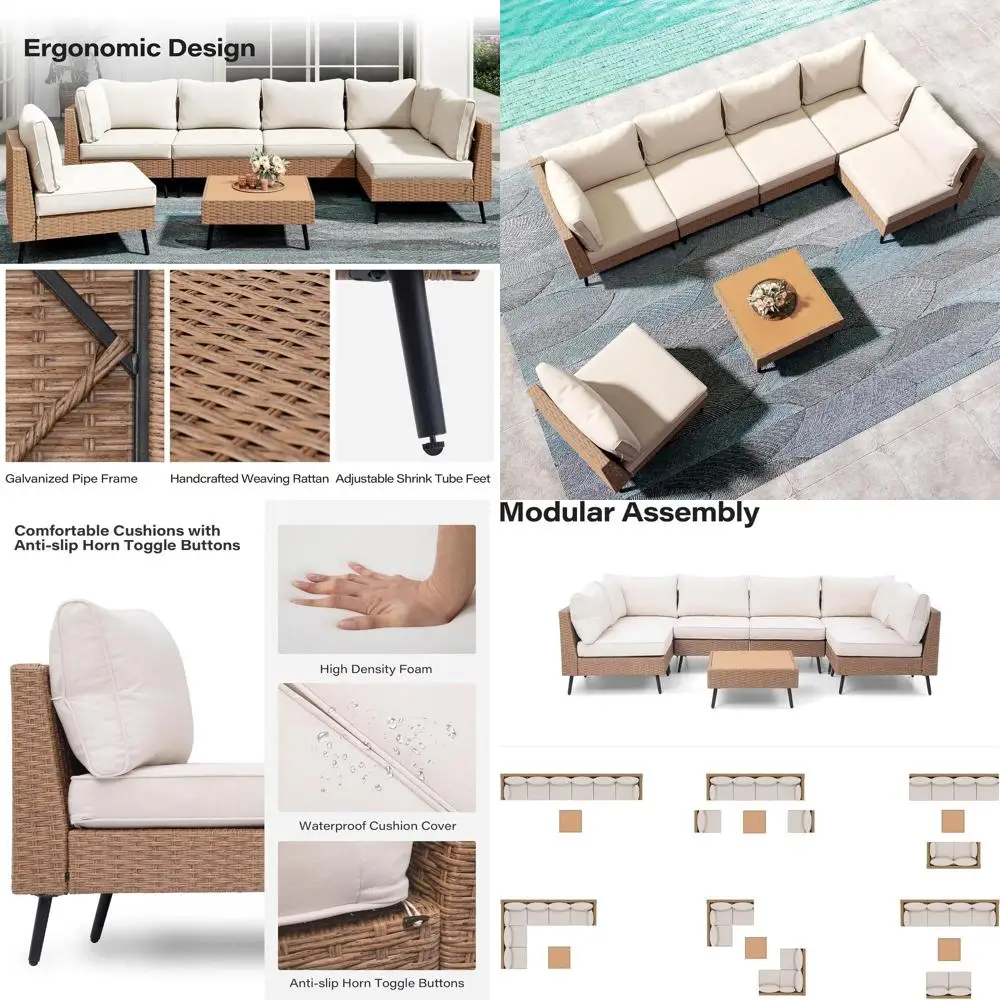 

7-местный всепогодный секционный диван-комплект с подушками для патио и сада (бежевый)