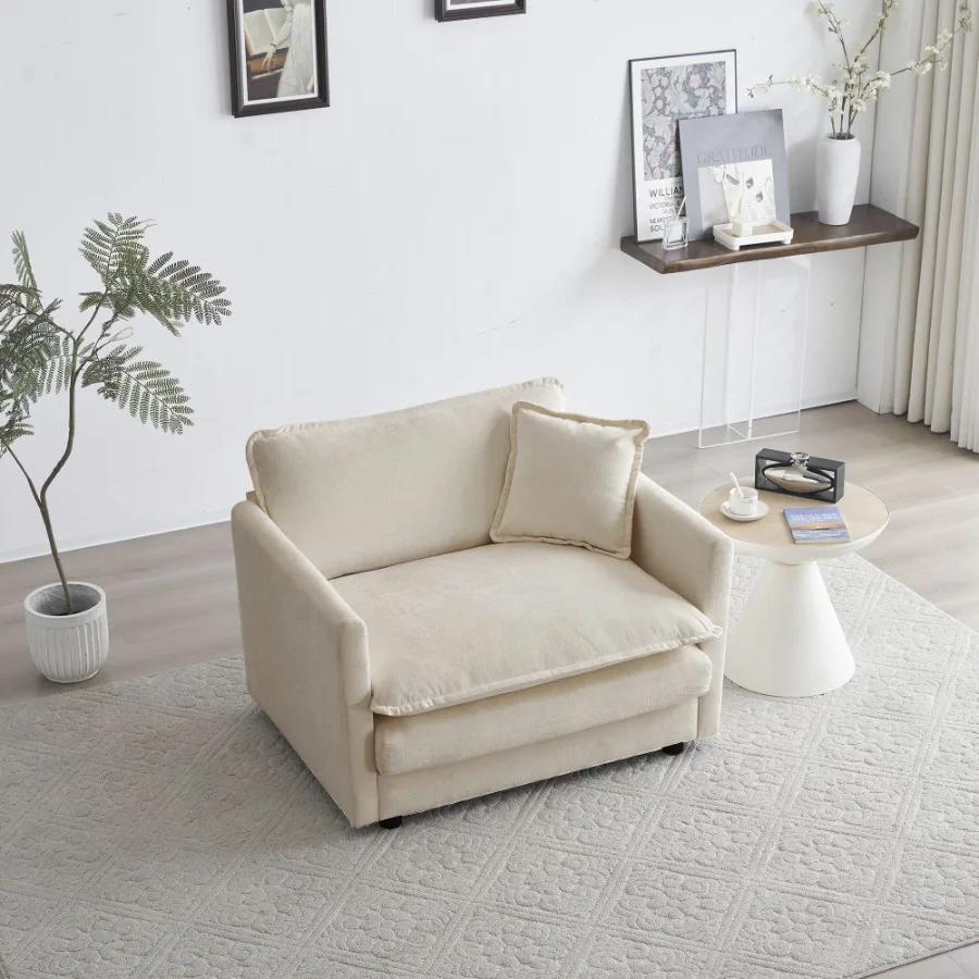 

Comfy Deep Single Seat Sofa Upholstered Reading Armchair Living Room Chair Beige Chenille Fabric 1 Toss Pillow
