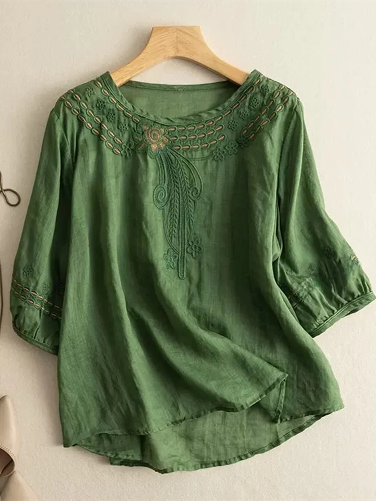 Zwaar borduurwerk linnen katoenmix dames irt zomer 2025, nieuwe artistieke retro losse pasvorm ronde ne katoenen linnen blouse