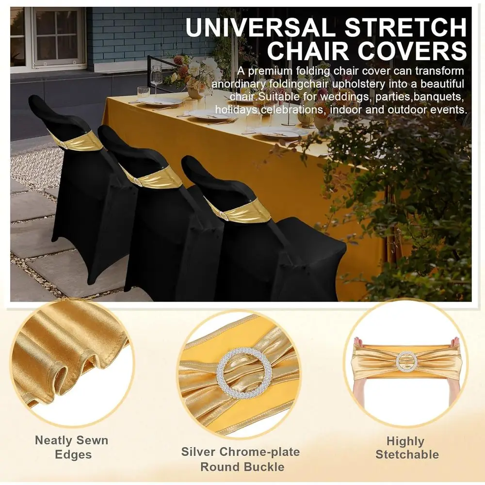 Set di 50 fodere per sedie pieghevoli: 25 elastici e 25 fasce con paillettes per matrimoni, feste ed eventi (nero e oro)