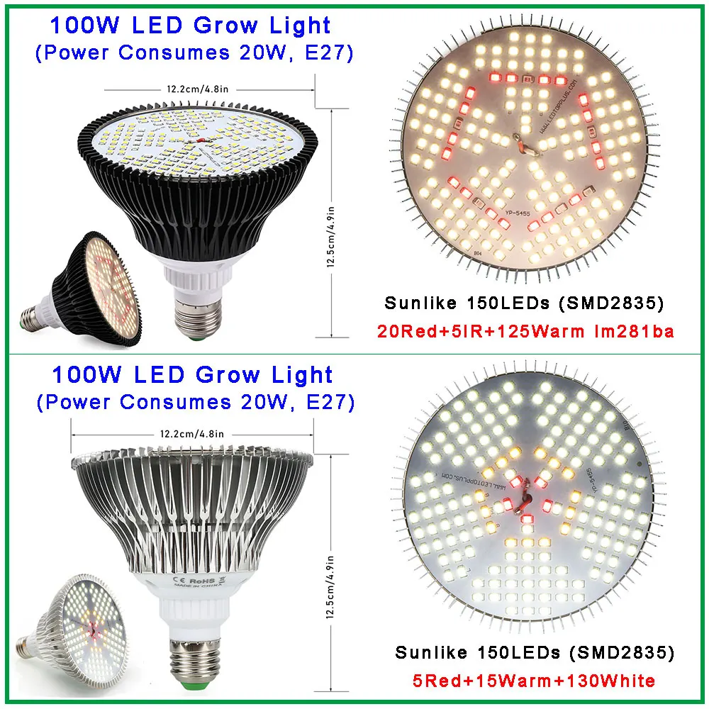 Luz LED de cultivo para plantas de interior, Fitolamp hidropónico de espectro completo de 100W y 120W, para vegetales y flores