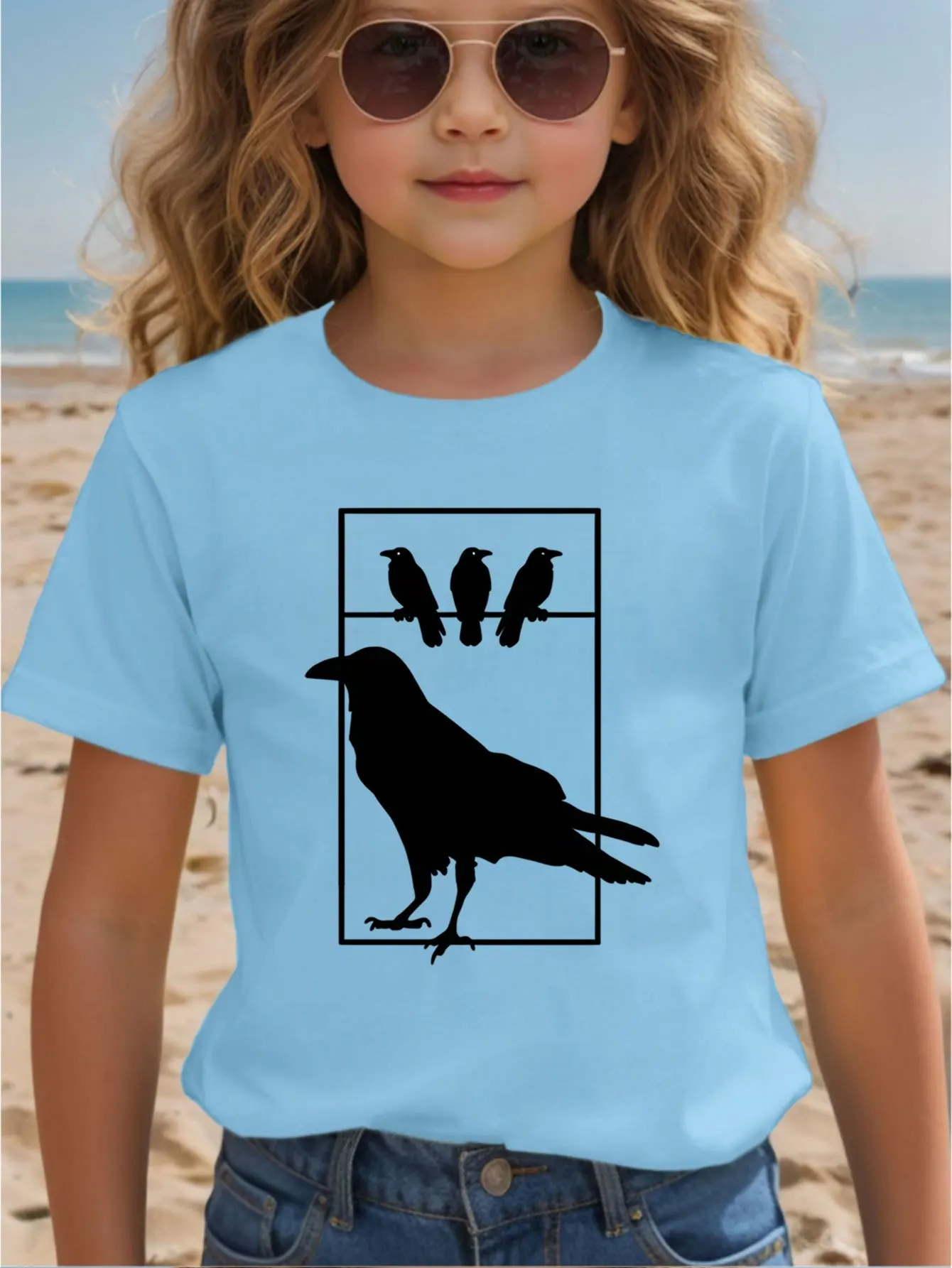 Minimalist Crow Print Kids Cotton T Shirt Boys Girls Parent Child Matching Short Sleeve Casual Breathable Family Fashion Tees