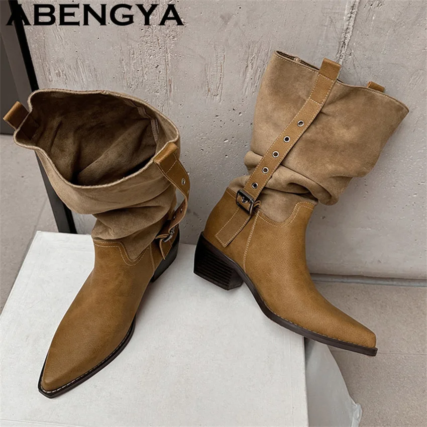 2026 New Western Cowboy Knight Boots Women Autumn Winter Pointed Toe Thick Heel Mid Calf Boots Loose Fashion Week Chelsea Botas
