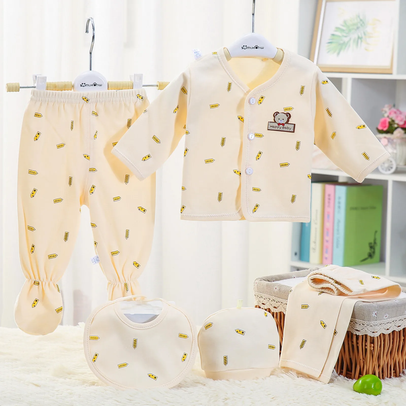 لحديثي الولادة الفتيات 5 قطعة الفتيان الكرتون مجموعة طويلة الفتيات بلايز + قبعة + السراويل الطفل + مريلة وتتسابق كم الفتيات بذلة الفتيات حجم 4 #4