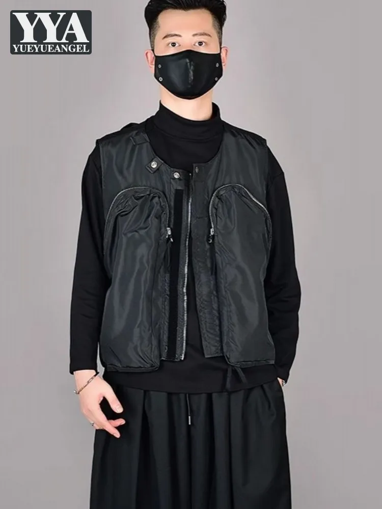 Gothic Mens Vests O-Neck Zipper Sleeveless Casual Jacket New Loose Fit Personality Black Hip Hop Spring Summer Cargo Waistcoat