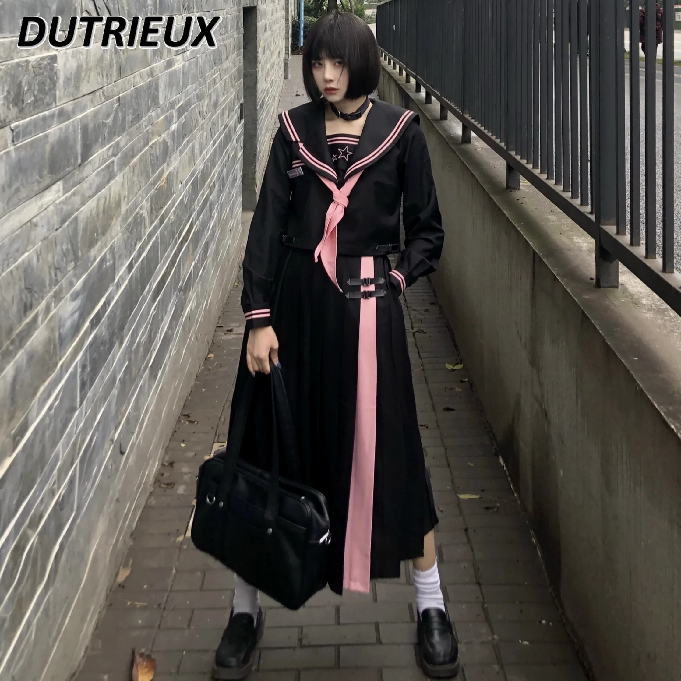 JK Uniform Suit Japanese Style Sail Collar Long Sleeve Top and Pleated Skirt Spring and Autumn New 2 Piece Sets Womens Outfits