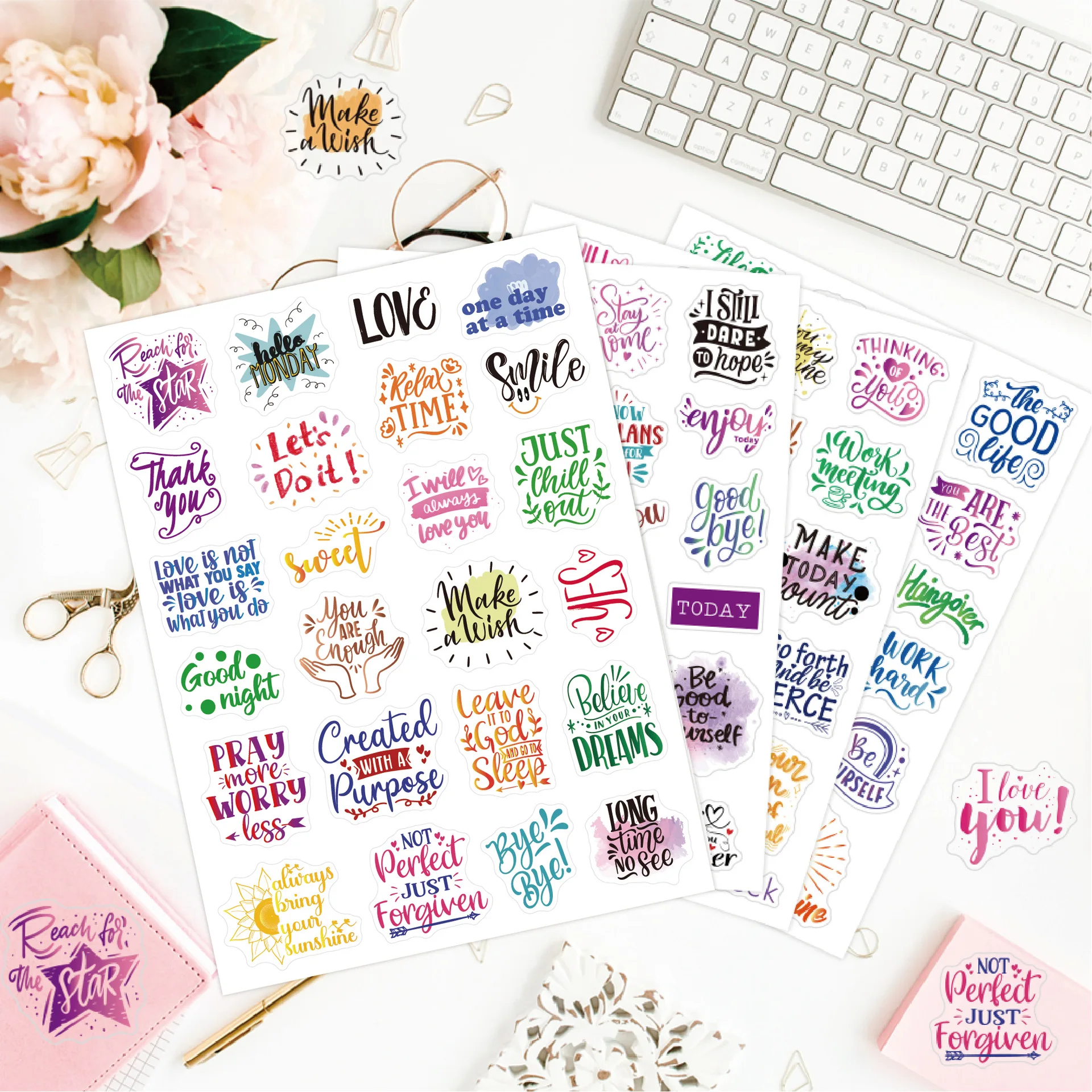 Clear Colorful English Text Stickers, Handwritten Inspirational Quotes Phrases for Planner Journal Scrapbook Decoration