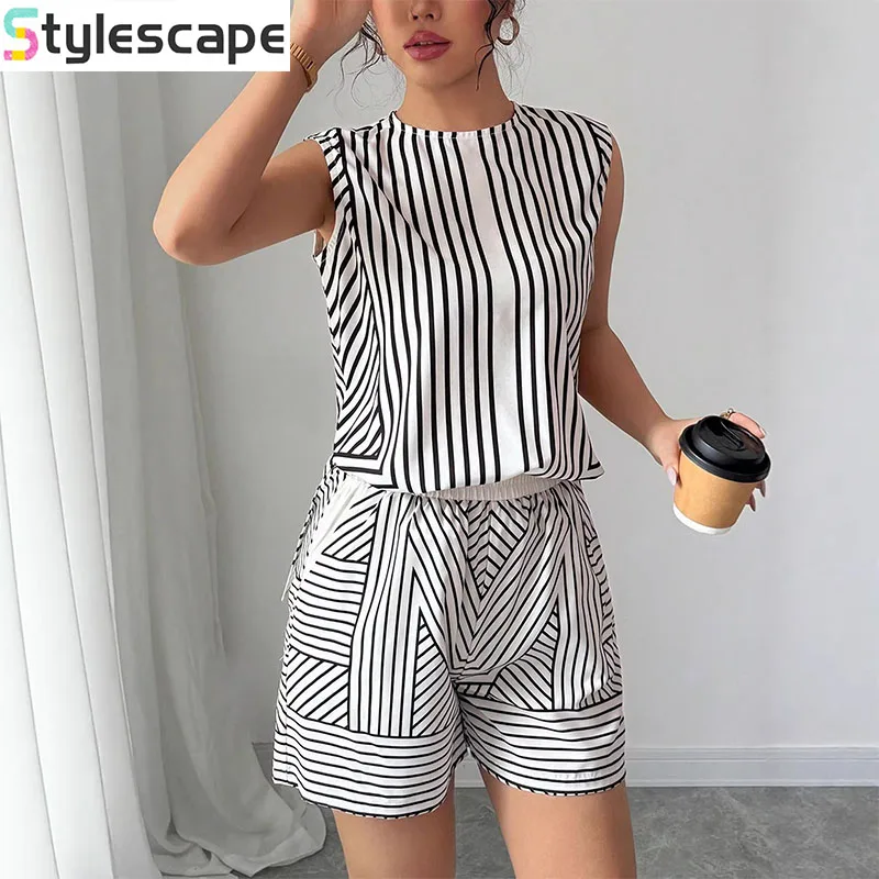 

Summer casual fashion women's set sleeveless round neck top, short shirt, lower body shorts, slim fit and cool 2026 short sets