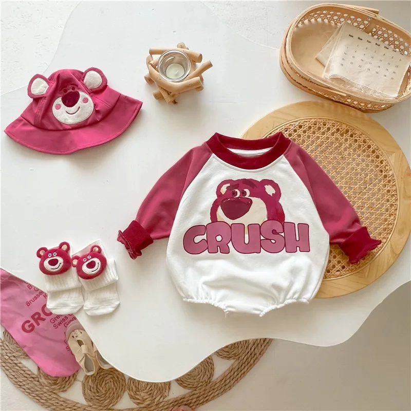 Rose Pink Bear Collection Baby Girl Boy Spring Summer Round Collar Bodysuit/Long Sleeves Romper Newborn Jumpsuit K4306