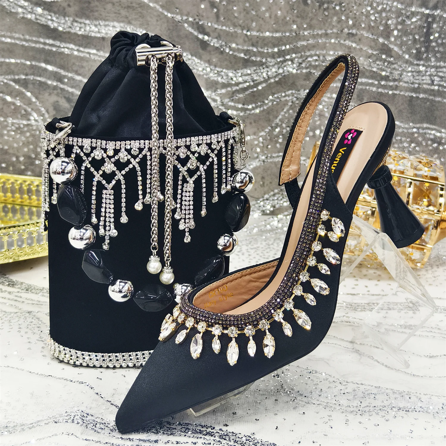 Zapatos de tacón de último diseño para mujer, de piel sintética con zapatos y monedero de piedra, zapatos italianos de tacón alto de verano y bolso para fiesta