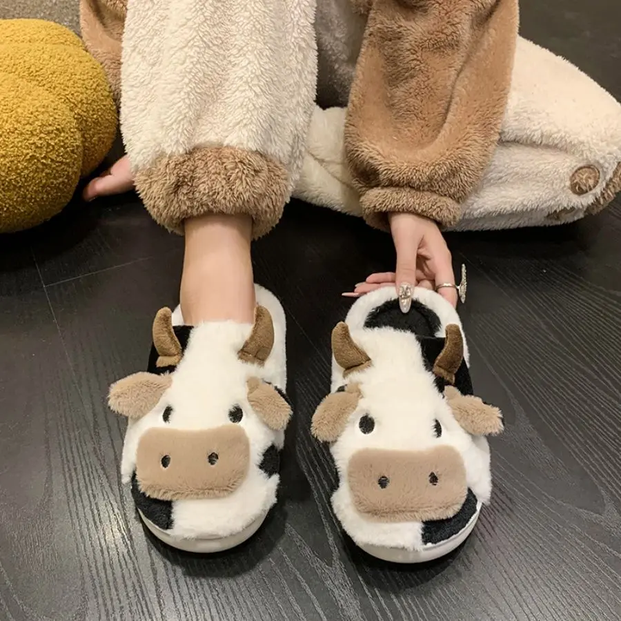 New Winter Unisex Cartoon Cow Warm Plush Slippers Couple's Indoor Non-slip House Slides Men And Women Toe Wrap Home Cotton Shoes