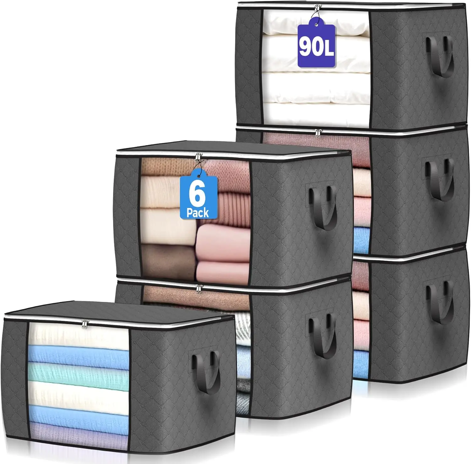 

Большие сумки для хранения объемом 90 л, набор из 6 складных органайзеров для шкафа с усиленными ручками для одежды и предметов домашнего обихода