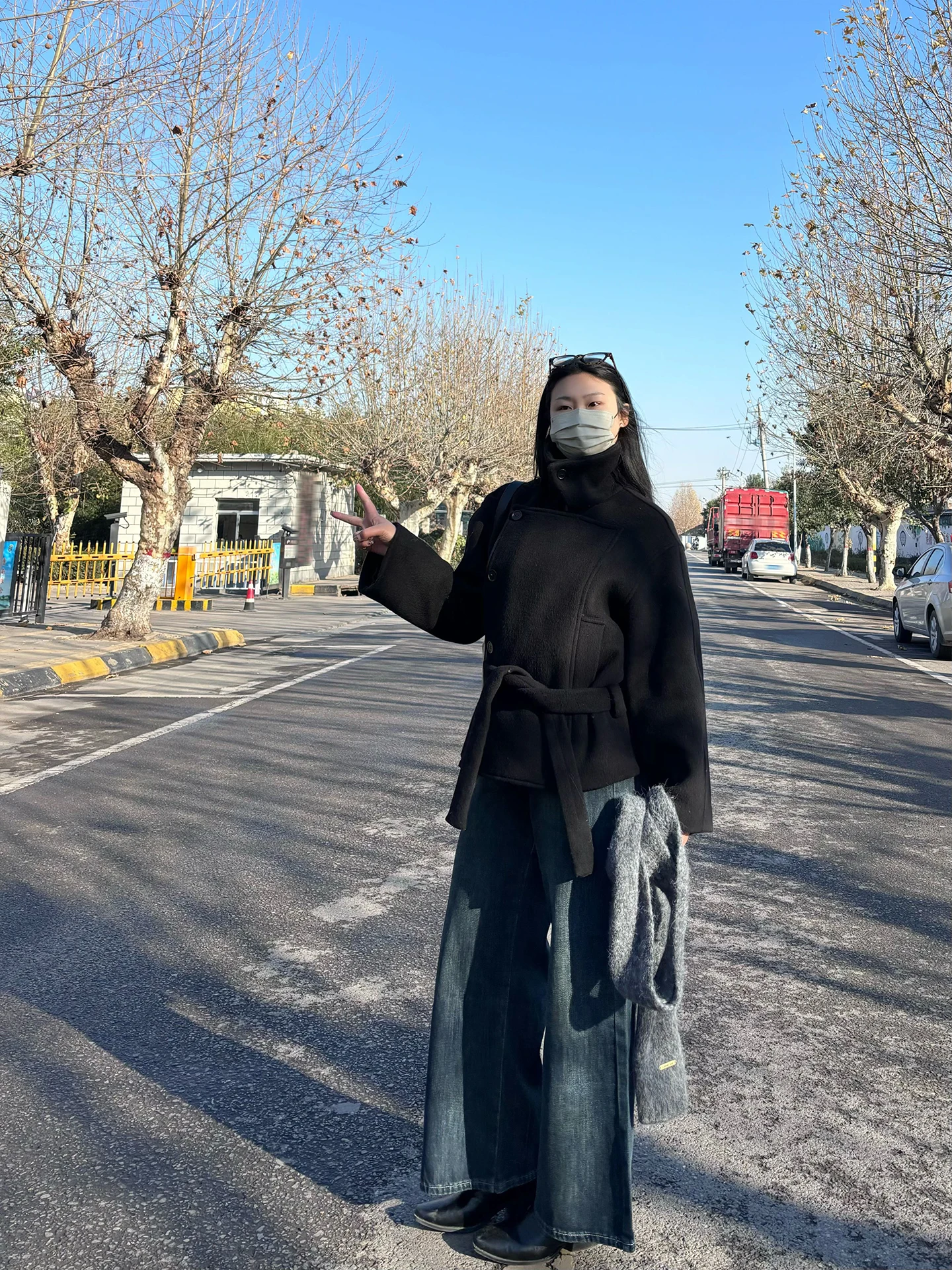 

Korean Sle Women's Woolen Coat Belted Waist Mid-Length Thi Winter New Arrival Bla Outerwear Casual Warm Long Sve