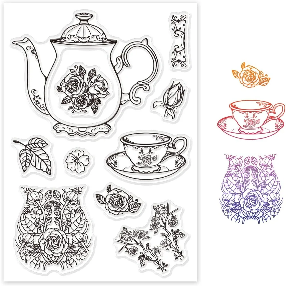 Teapot and Teacup Silicone Clear Stamps Roses Transparent Stamps for Birthday Valentine's Day Cards Making DIY Scrapbooking