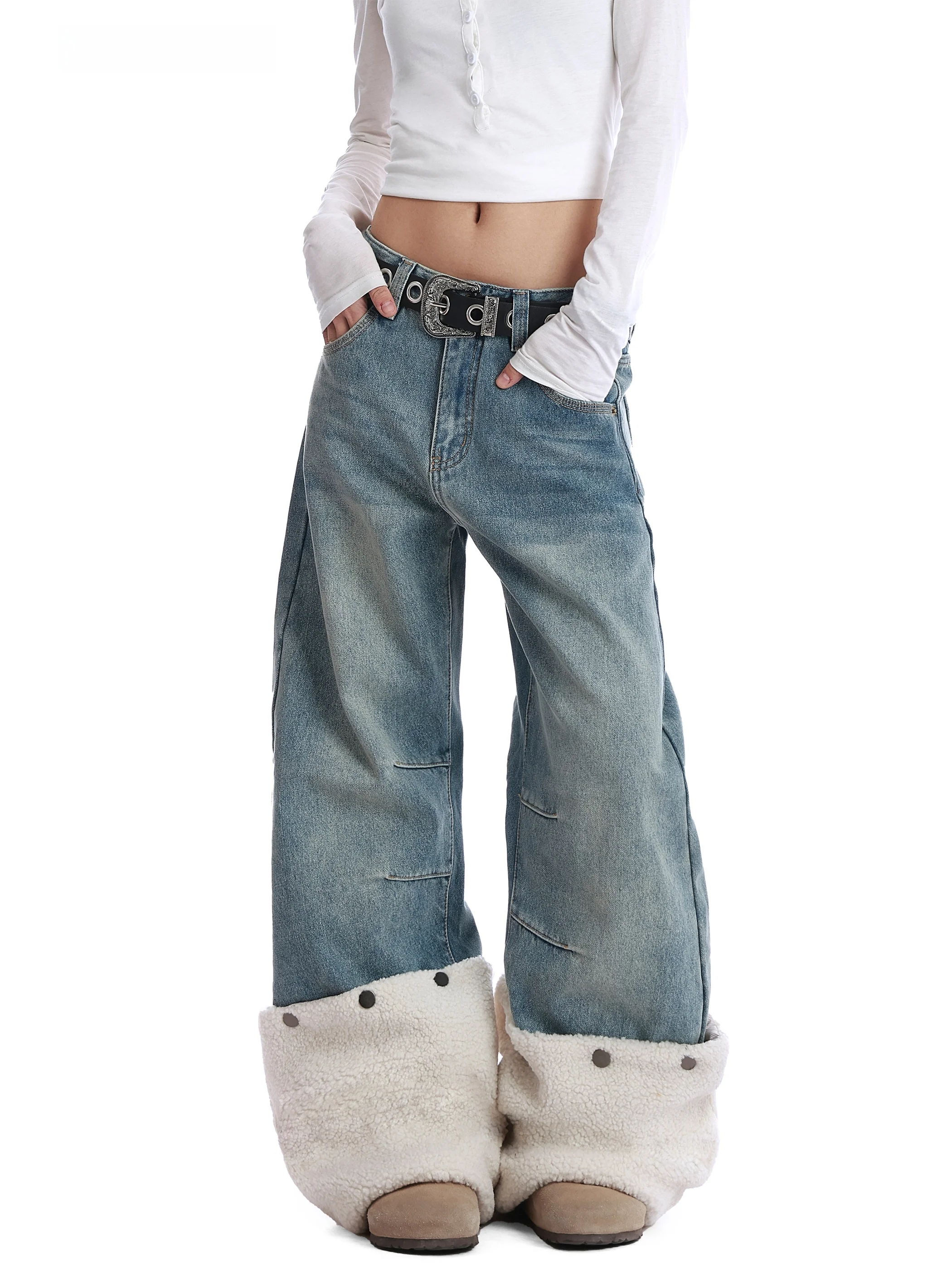 

Vinmuk Thiened Fce Lined Wide Leg Jeans Loose Fit Straight Cut Winter Design Women's Casual Straight Leg Jeans