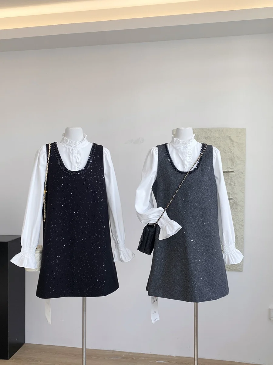 

Elegant Long Sleeve Woolen Vest Skirt Two Piece Set Women's Fashion Spring 2025 Wooden Collar Shirt Quality Material