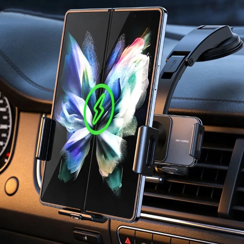 Dual Coil 15W Car Wireless Charger Phone Holder Electric Auto Clamping for Samsung Galaxy Z Flip Air Vent Suction Cup Car Mount