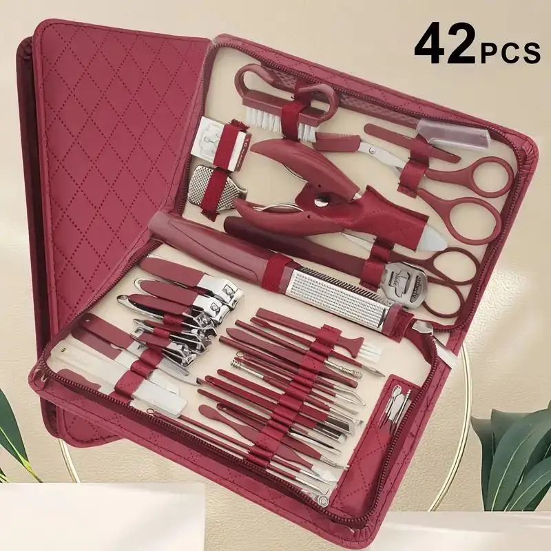 42-teiliges Nagelknipser-Set mit Reißverschluss, Ledertasche, Edelstahl, Maniküre-Set, Maniküre für Fingernägel, Zehennägel, Maniküre-Werkzeuge