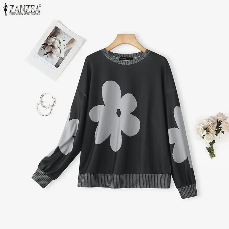 

ZANZEA 2026, женские модные футболки, весенне-осенние повседневные футболки с длинными рукавами и круглым вырезом с цветочным принтом, свободные Blusas Femininas