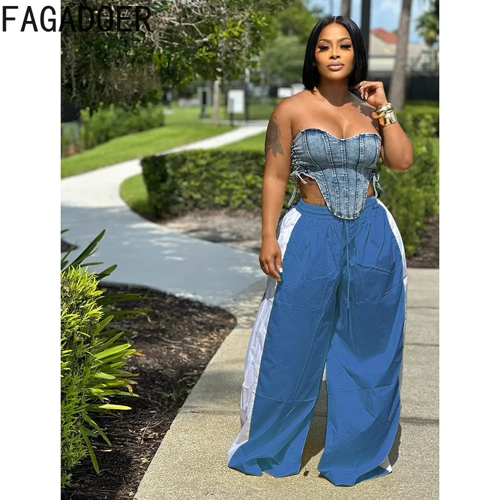 FAGADOER Patchwork Women Wide Leg Baggy Pants Y2k Sporty Casual Streetwear  Elastic Waist Pants Parachute Sweatpants Track Pants