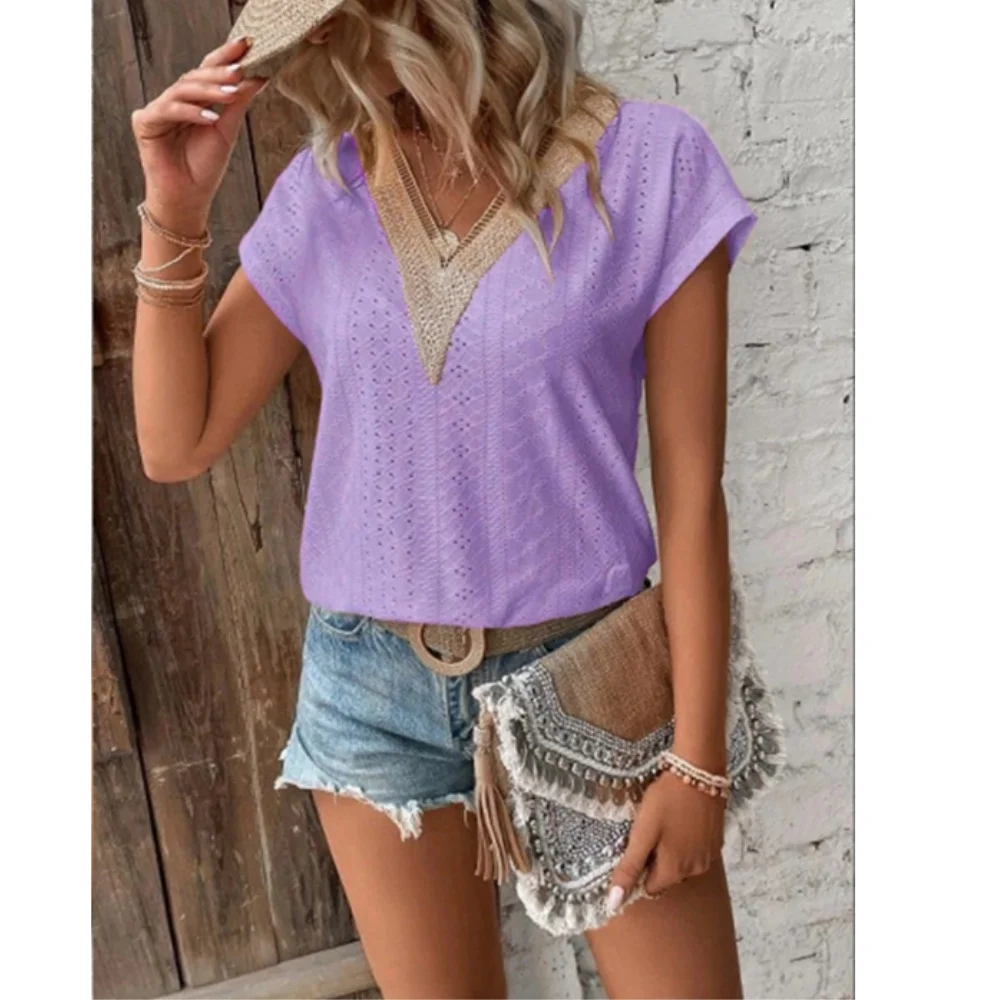 تي شيرت نسائي صيفي برقبة على شكل حرف V من الدانتيل كاجوال بأكمام قصيرة