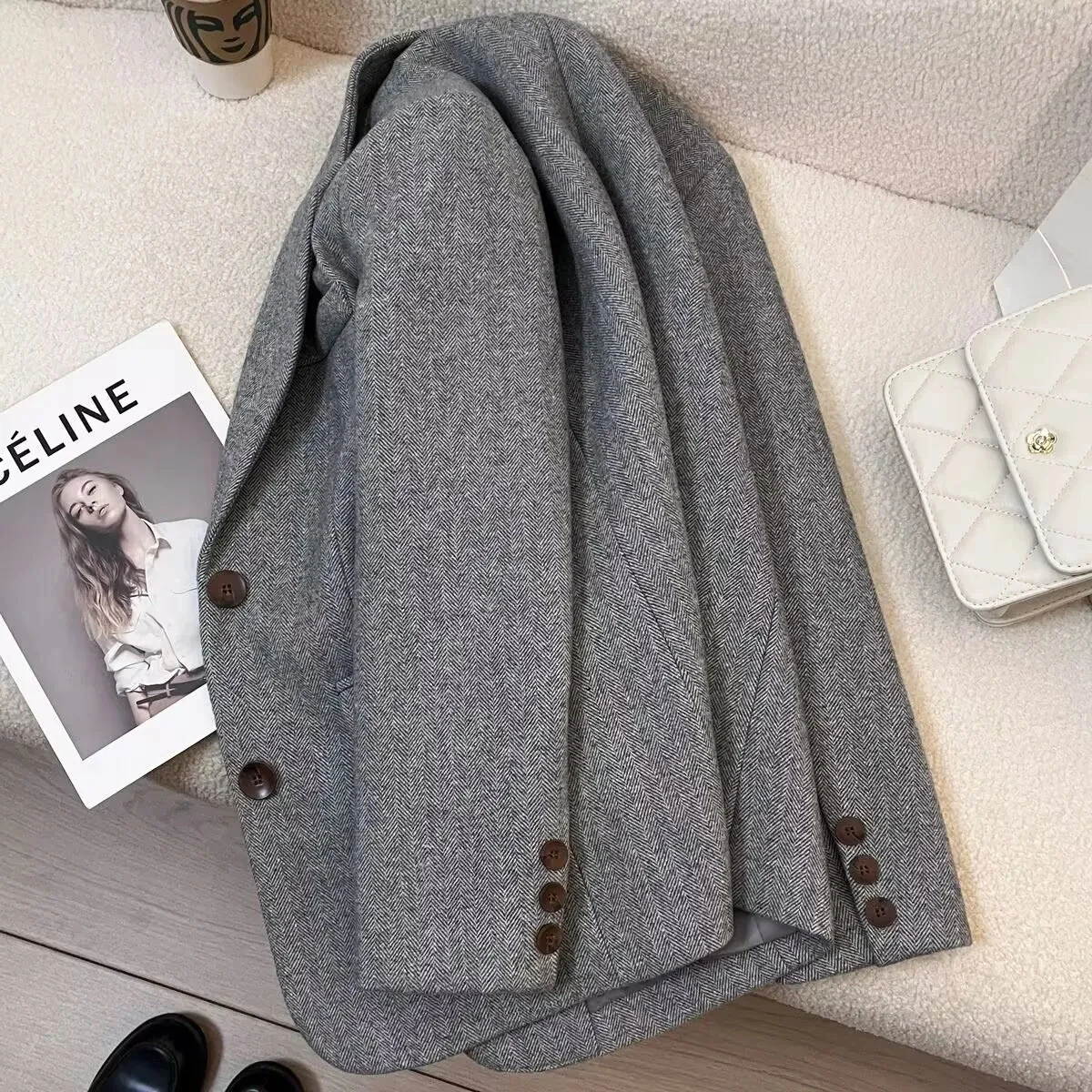 Grijs visgraatpatroon wollen colbert voor dames 2025, nieuwe herfst winter retro woon-werkverkeer casual top vrouwelijke enkele rij knopen