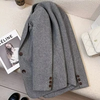 Grey Herringbone Pattern Woolen Suit Jacket for Women 2026 New Autumn Winter Retro Commuting Casual Top Female Single Breasted 3
