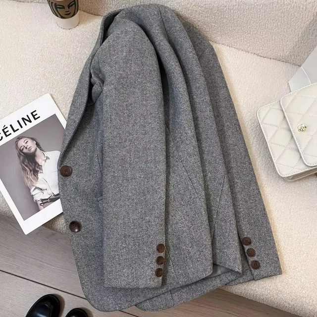 Grey Herringbone Pattern Woolen Suit Jacket for Women 2026 New Autumn Winter Retro Commuting Casual Top Female Single Breasted 3 Grey Herringbone Pattern Woolen Suit Jacket for Women Autumn Winter Retro Commuting – view 3