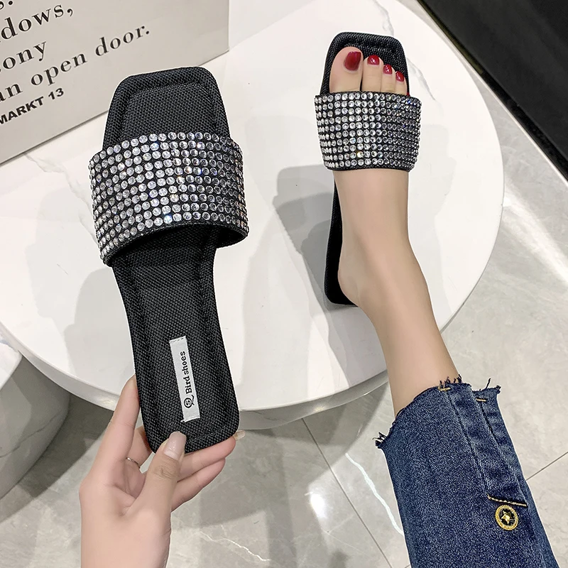 

luxury designer shiny crystal slippers women flat heel outdoor slides summer shoes bling sandalias open toe glitter flip flops