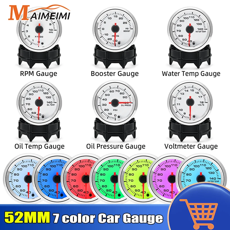 Tacómetro de 52MM para coche, medidor de temperatura de agua y aceite, presión de aceite, EXT Temp, relación de combustible y aire, voltímetro, retroiluminación de 7 colores para 12V