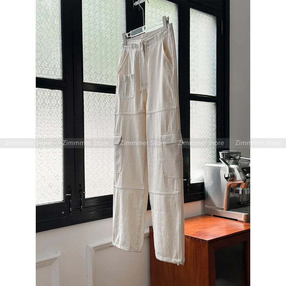 

2024 Summer Simple Personality Chic Cotton Drawstring Straight Leg Wide Leg Work Pants Women